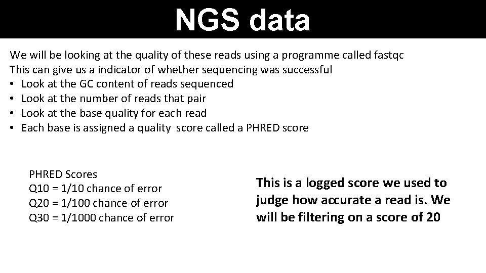 NGS data We will be looking at the quality of these reads using a