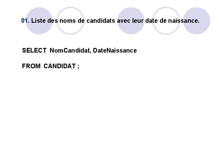 01. Liste des noms de candidats avec leur date de naissance. SELECT Nom. Candidat, 01. Liste des noms de candidats avec leur date de naissance. SELECT Nom. Candidat,