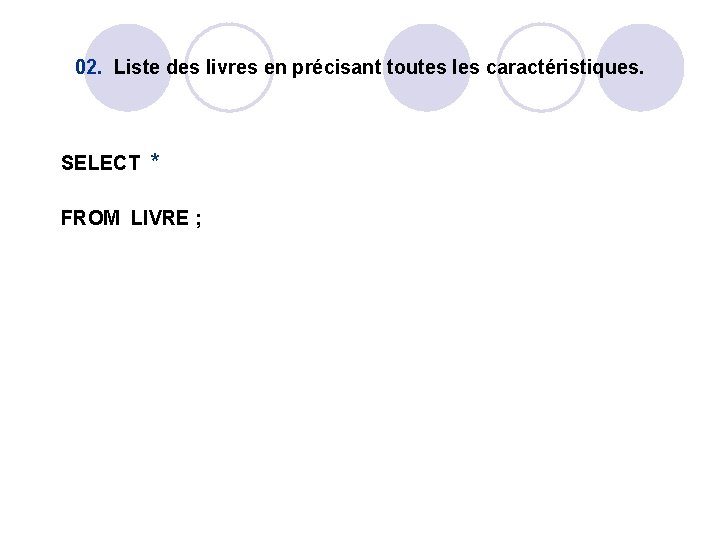 02. Liste des livres en précisant toutes les caractéristiques. SELECT * FROM LIVRE ; 02. Liste des livres en précisant toutes les caractéristiques. SELECT * FROM LIVRE ;