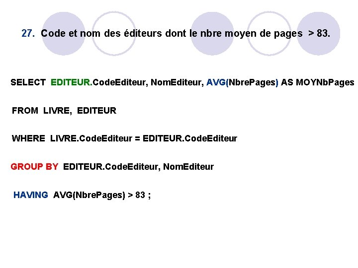 27. Code et nom des éditeurs dont le nbre moyen de pages > 83. 27. Code et nom des éditeurs dont le nbre moyen de pages > 83.