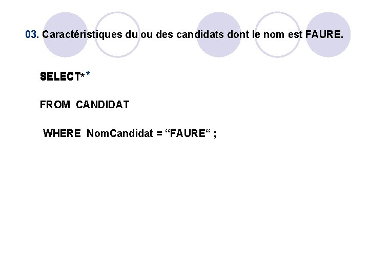 03. Caractéristiques du ou des candidats dont le nom est FAURE. SELECT* * FROM 03. Caractéristiques du ou des candidats dont le nom est FAURE. SELECT* * FROM