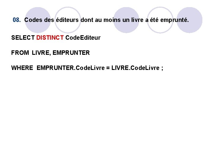 08. Codes éditeurs dont au moins un livre a été emprunté. SELECT DISTINCT Code. 08. Codes éditeurs dont au moins un livre a été emprunté. SELECT DISTINCT Code.
