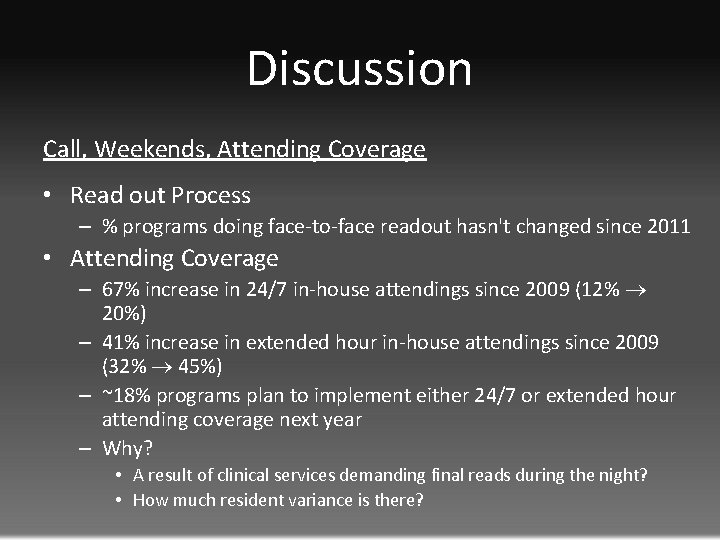 Discussion Call, Weekends, Attending Coverage • Read out Process – % programs doing face-to-face