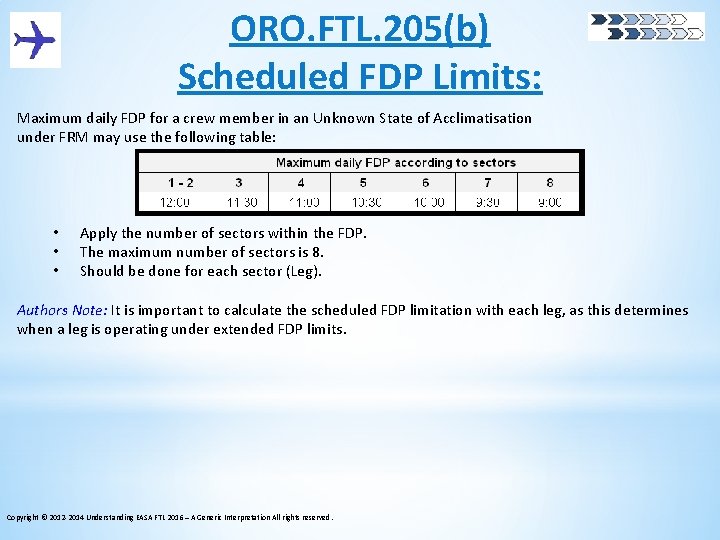 ORO. FTL. 205(b) Scheduled FDP Limits: Maximum daily FDP for a crew member in