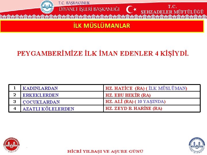 T. C. ŞEHZADELER MÜFTÜLÜĞÜ İLK MÜSLÜMANLAR PEYGAMBERİMİZE İLK İMAN EDENLER 4 KİŞİYDİ. 1 3