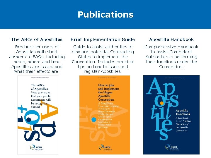 Publications The ABCs of Apostilles Brief Implementation Guide Apostille Handbook Brochure for users of