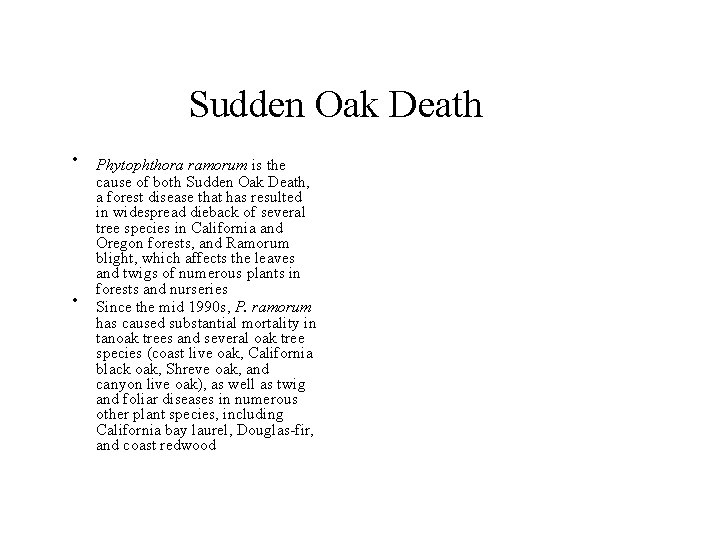 Sudden Oak Death • • Phytophthora ramorum is the cause of both Sudden Oak
