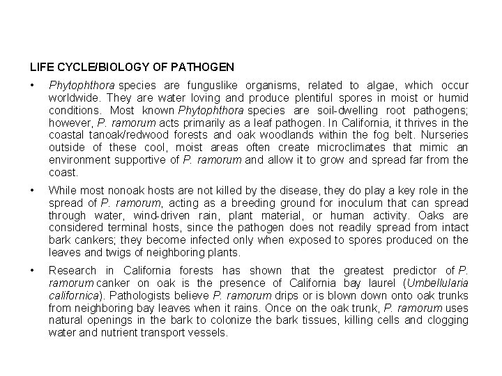 LIFE CYCLE/BIOLOGY OF PATHOGEN • Phytophthora species are funguslike organisms, related to algae, which