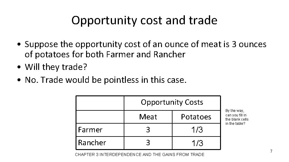 Opportunity cost and trade • Suppose the opportunity cost of an ounce of meat