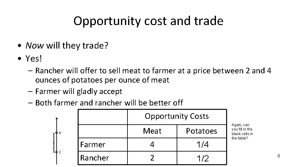 Opportunity cost and trade • Now will they trade? • Yes! – Rancher will