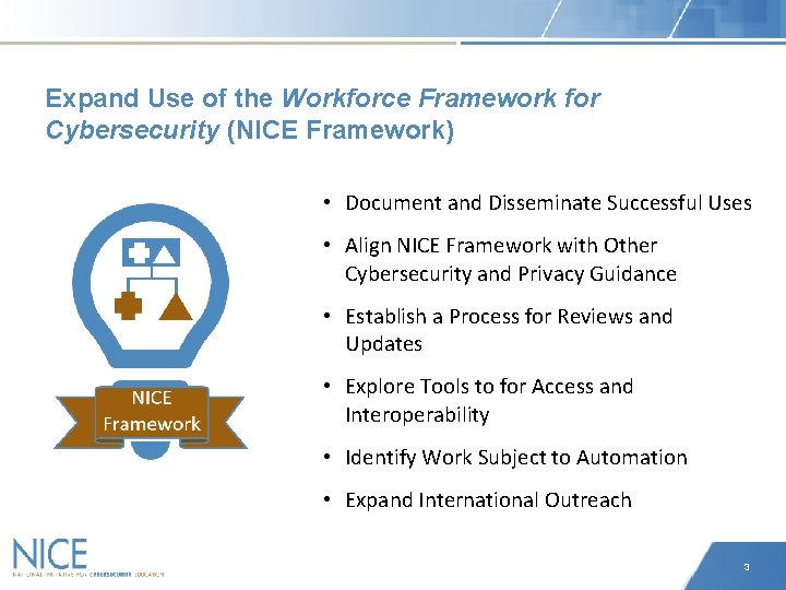 Expand Use of the Workforce Framework for Cybersecurity (NICE Framework) • Document and Disseminate