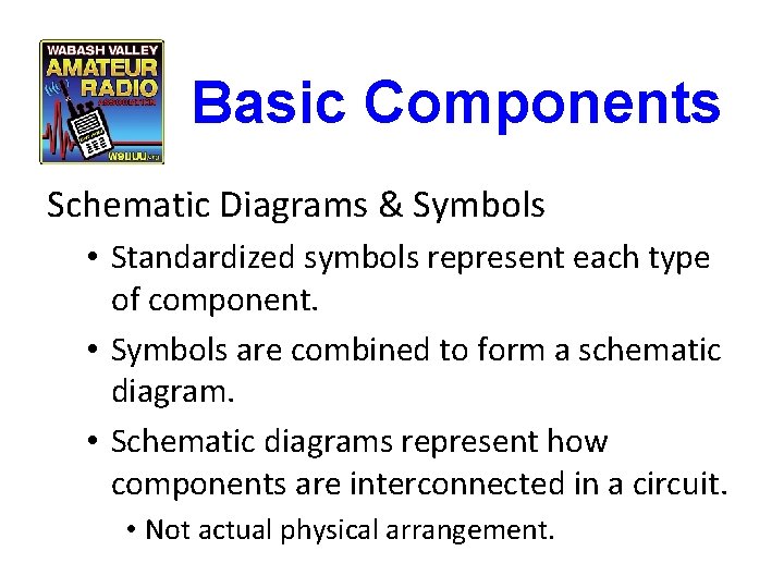 Basic Components Schematic Diagrams & Symbols • Standardized symbols represent each type of component.