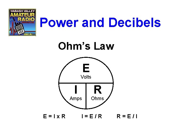 Power and Decibels Ohm’s Law E Volts I Amps E=Ix. R R Ohms I=E/R