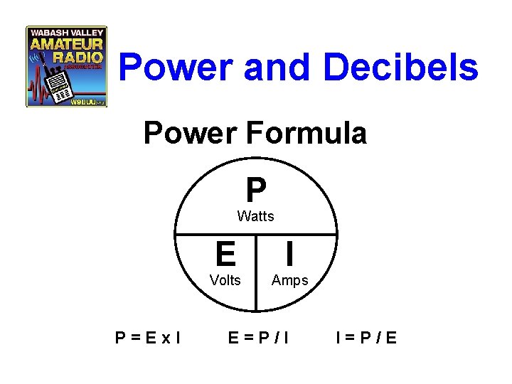 Power and Decibels Power Formula P Watts E Volts P=Ex. I I Amps E=P/I