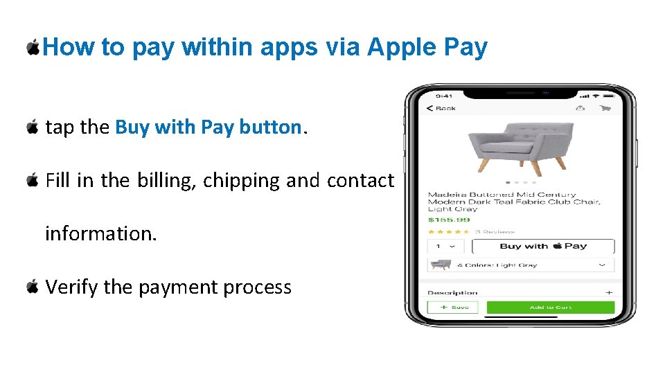 How to pay within apps via Apple Pay tap the Buy with Pay button.