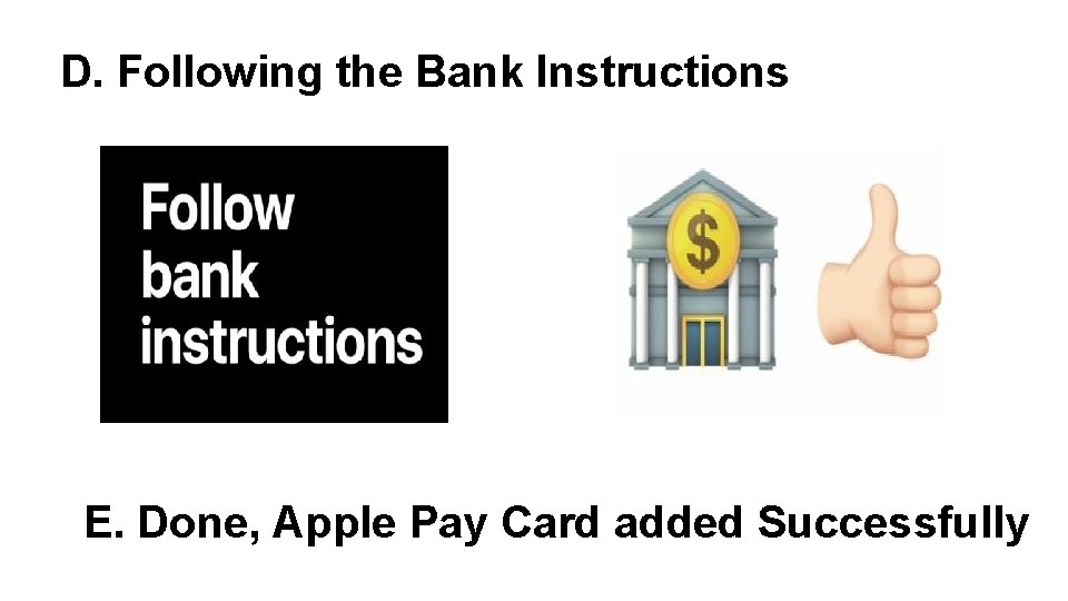 D. Following the Bank Instructions E. Done, Apple Pay Card added Successfully 