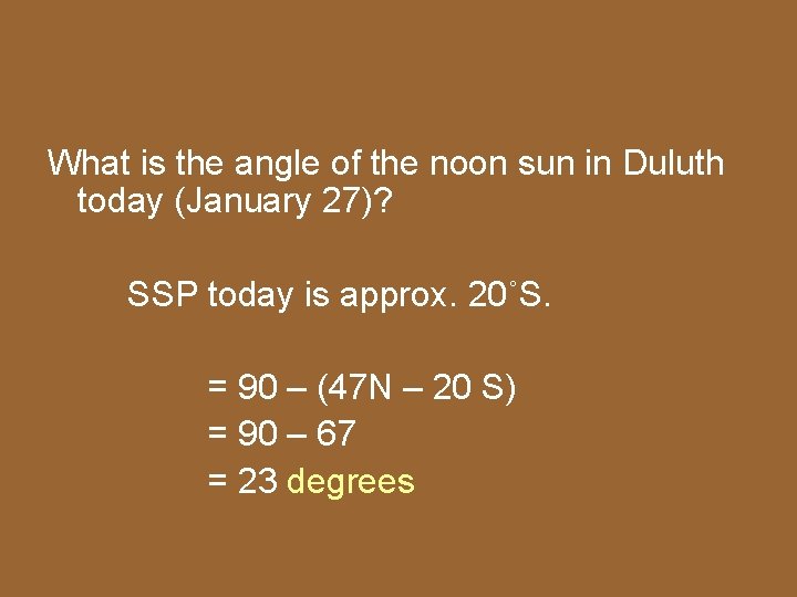 What is the angle of the noon sun in Duluth today (January 27)? SSP