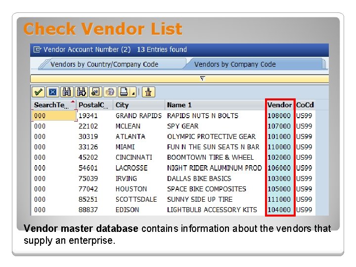 Check Vendor List Vendor master database contains information about the vendors that supply an