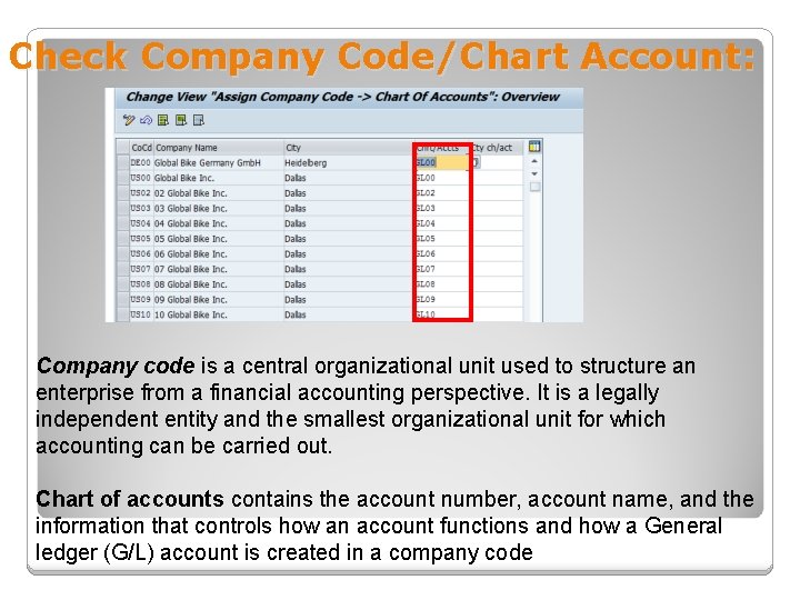Check Company Code/Chart Account: Company code is a central organizational unit used to structure