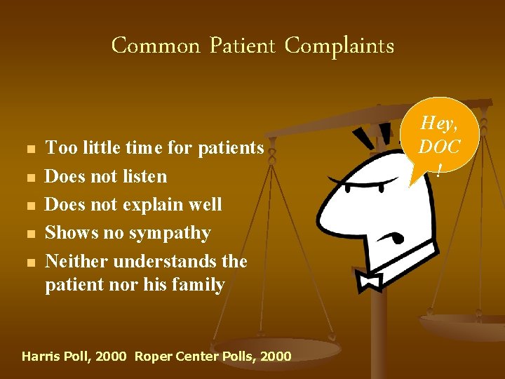 Common Patient Complaints n n n Too little time for patients Does not listen