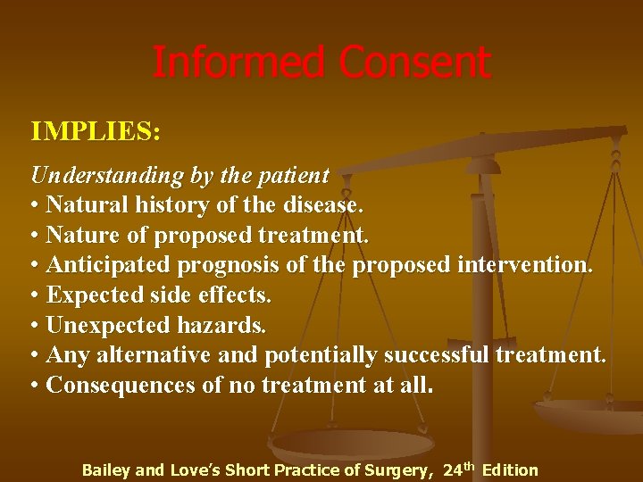 Informed Consent IMPLIES: Understanding by the patient • Natural history of the disease. •