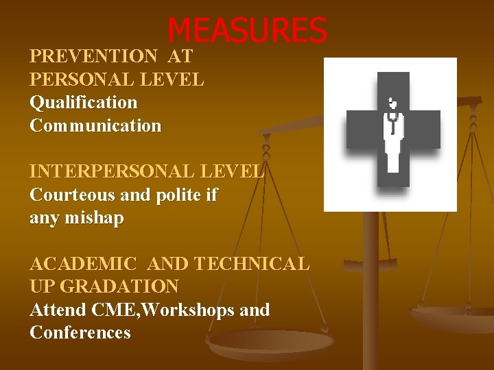 MEASURES PREVENTION AT PERSONAL LEVEL Qualification Communication INTERPERSONAL LEVEL Courteous and polite if any