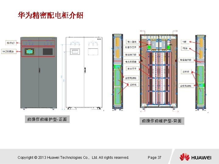 华为精密配电柜介绍 前操作前维护型-正面 Copyright © 2013 Huawei Technologies Co. ， Ltd. All rights reserved. 前操作前维护型-背面