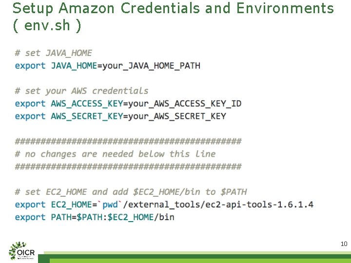 Setup Amazon Credentials and Environments ( env. sh ) 10 