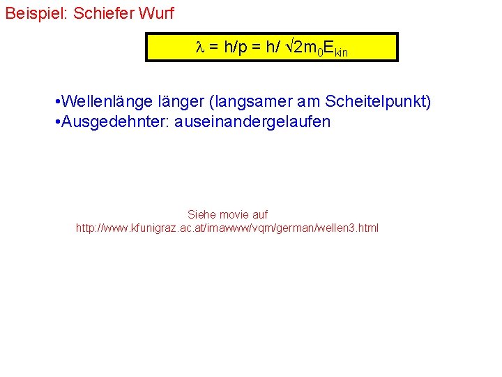 Beispiel: Schiefer Wurf = h/p = h/ 2 m 0 Ekin • Wellenlänger (langsamer