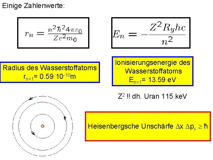 Einige Zahlenwerte: Radius des Wasserstoffatoms rn=1= 0. 59 10 -10 m Ionisierungsenergie des Wasserstoffatoms