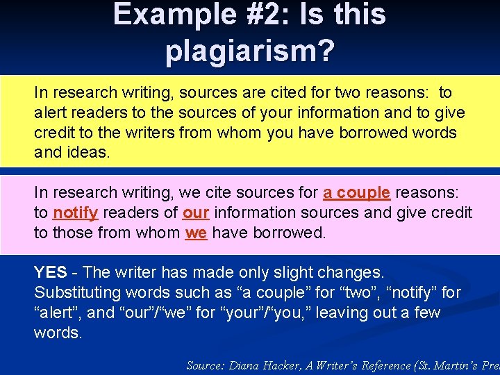 Example #2: Is this plagiarism? In research writing, sources are cited for two reasons: