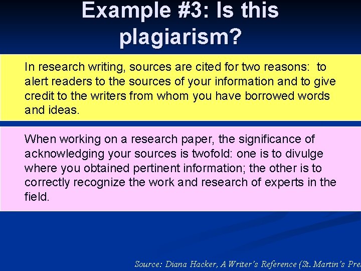 Example #3: Is this plagiarism? In research writing, sources are cited for two reasons: