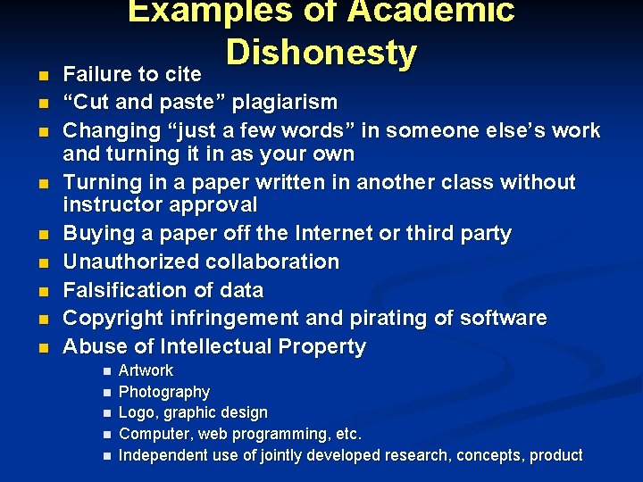 n n n n n Examples of Academic Dishonesty Failure to cite “Cut and
