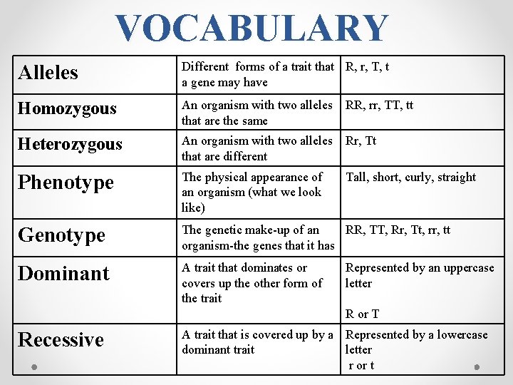 VOCABULARY Alleles Different forms of a trait that R, r, T, t a gene VOCABULARY Alleles Different forms of a trait that R, r, T, t a gene