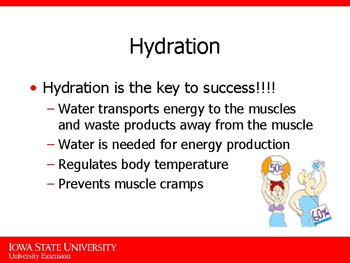 Hydration • Hydration is the key to success!!!! – Water transports energy to the