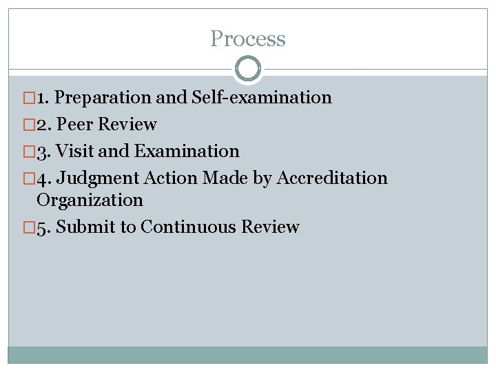 Process � 1. Preparation and Self-examination � 2. Peer Review � 3. Visit and