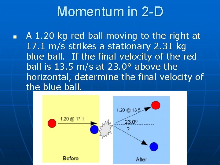 Momentum in 2 -D n A 1. 20 kg red ball moving to the