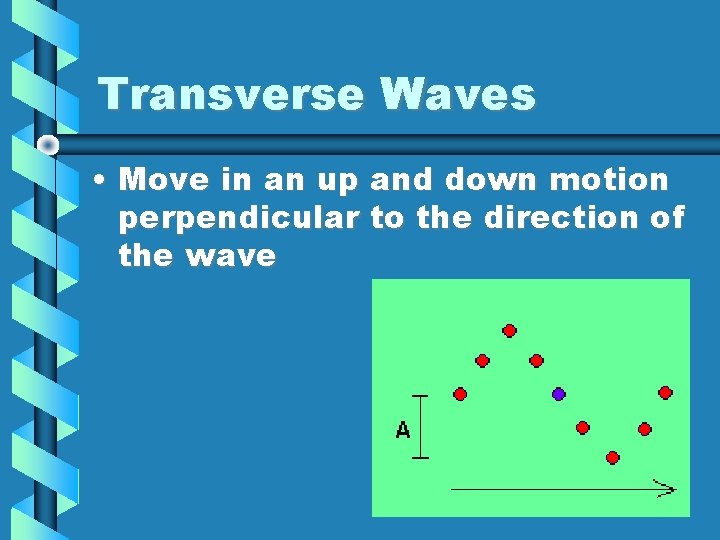 Transverse Waves • Move in an up and down motion perpendicular to the direction