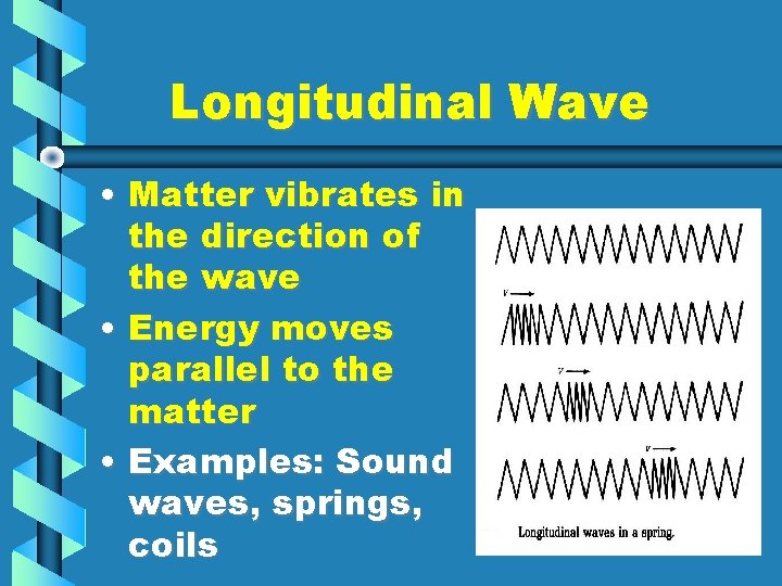 Longitudinal Wave • Matter vibrates in the direction of the wave • Energy moves