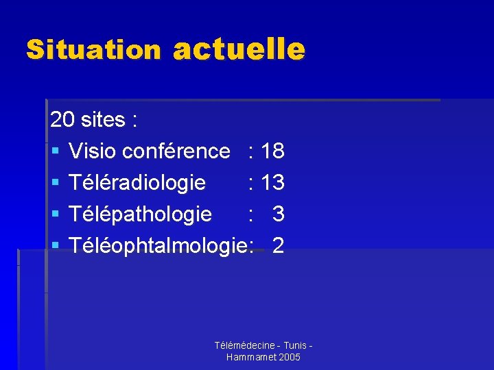 Situation actuelle 20 sites : § Visio conférence : 18 § Téléradiologie : 13