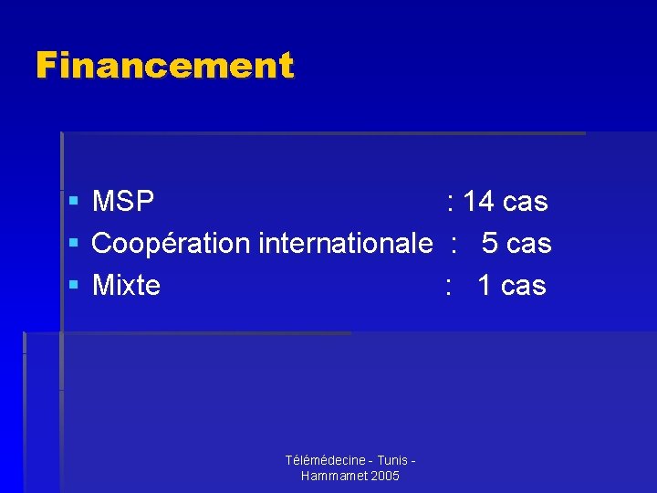 Financement § § § MSP Coopération internationale Mixte Télémédecine - Tunis Hammamet 2005 :