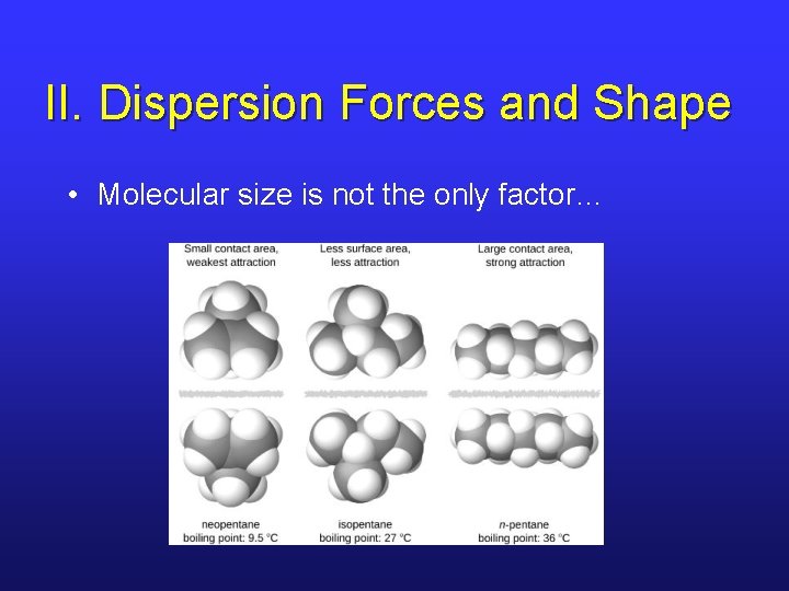 II. Dispersion Forces and Shape • Molecular size is not the only factor… 