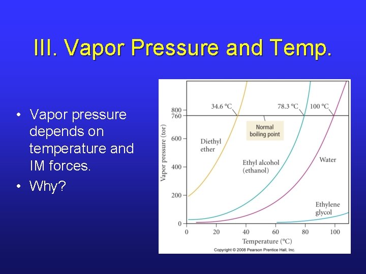 III. Vapor Pressure and Temp. • Vapor pressure depends on temperature and IM forces.