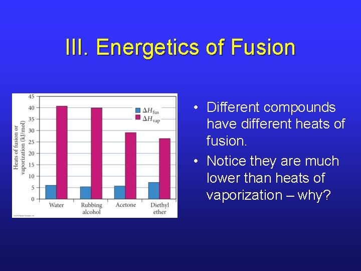 III. Energetics of Fusion • Different compounds have different heats of fusion. • Notice