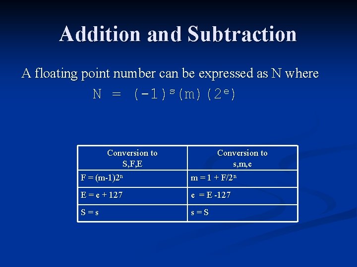 Addition and Subtraction A floating point number can be expressed as N where N