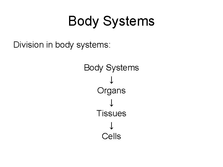 Body Systems Division in body systems: Body Systems ↓ Organs ↓ Tissues ↓ Cells