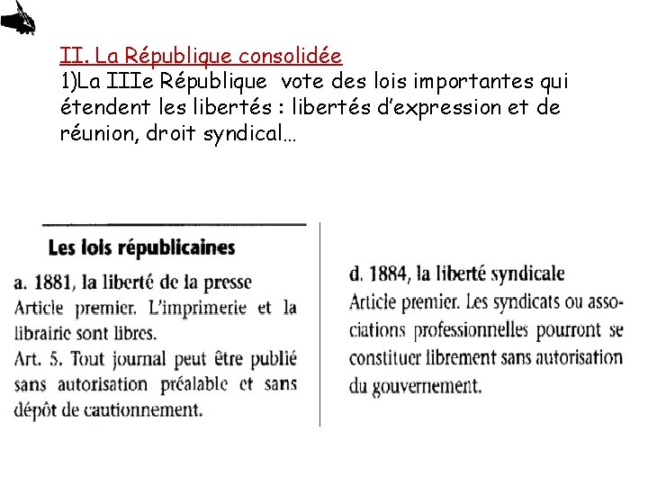 II. La République consolidée 1)La IIIe République vote des lois importantes qui étendent les