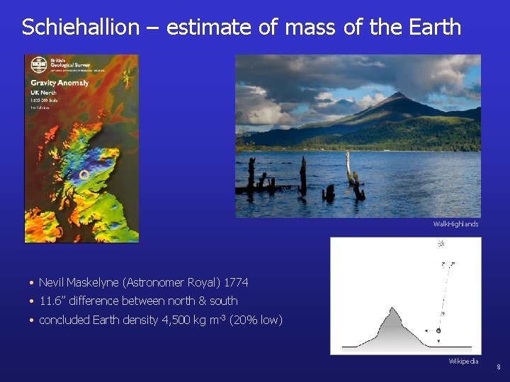 Schiehallion – estimate of mass of the Earth Walk. Highlands • Nevil Maskelyne (Astronomer