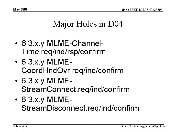 May 2001 doc. : IEEE 802. 15 -01/237 r 0 Major Holes in D