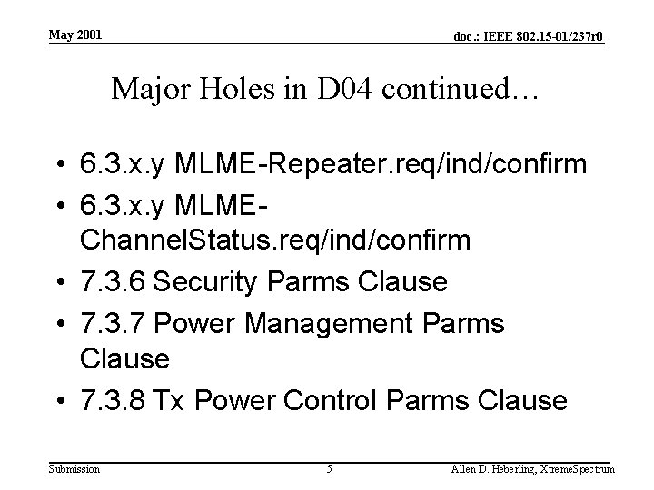 May 2001 doc. : IEEE 802. 15 -01/237 r 0 Major Holes in D